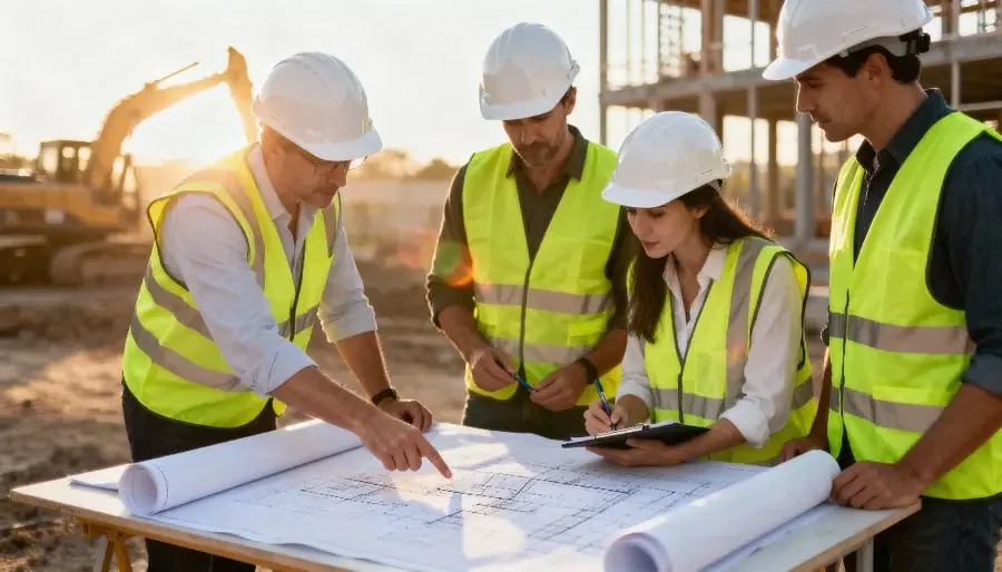 Site team in hard hats and hi-vis vests reviewing plans &mdash; ISO 45001 occupational health and safety certification in India